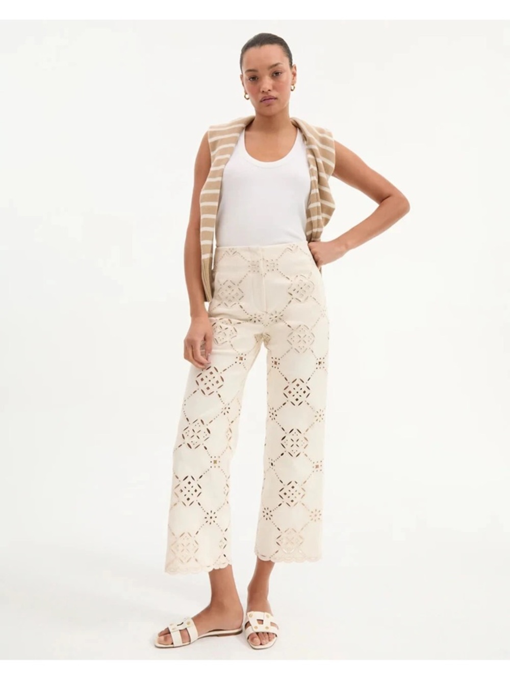 Veronica Beard Ecru Eyelet Straight-Leg Pant - size 6 - NWOT